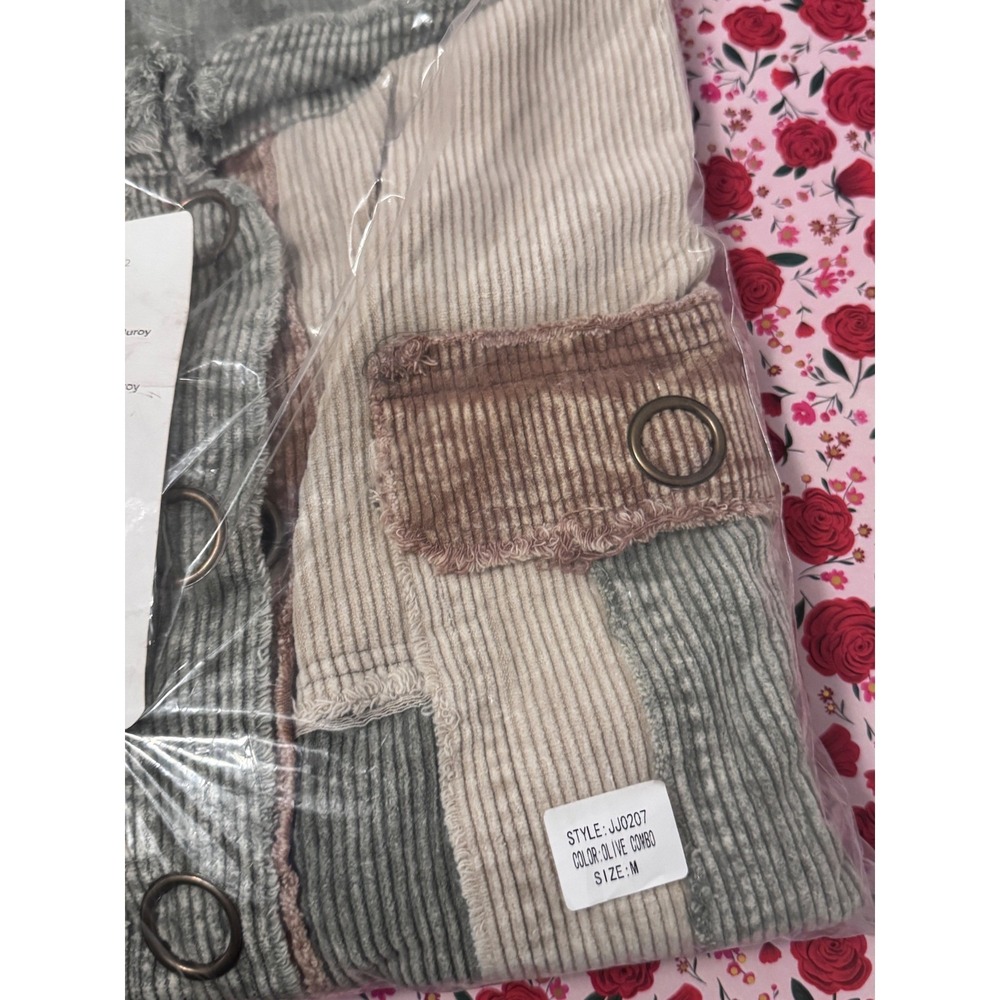 New Patchwork Corduroy Shacket Olive Combo Colorblock Jacket  Medium c3 - Picture 4 of 4